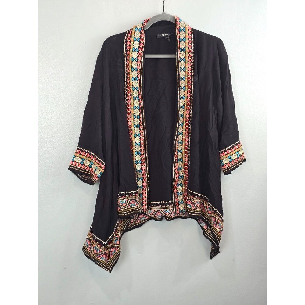 Andre By Unit Kimono Women's L Black Contrasting Embroidered Mid Western Boho